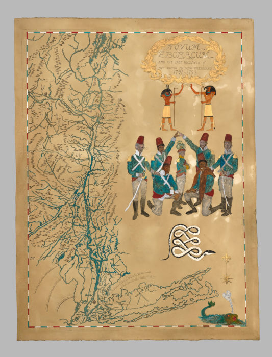 <p>Umar Rashid (Frohawk Two Feathers) (American, b. 1976). <em>Map of the Frenglish Kingdom of Novum Eboracum (New York) (We All Got To Have a Place We Call Home)</em>, 2015. Acrylic, ink, graphite, tea, and coffee on paper. Gift of Henry S. Hacker, by exchange, 2015 (2015.10).</p>
