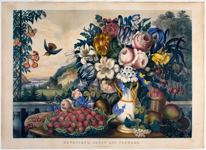 <p>Frances Flora Bond Palmer (American, b. England, 1812–1876). <em>Landscape, Fruit, and Flowers</em>, 1862. Two-color lithograph, handcolored. Collection of the Hudson River Museum. Gift of Mrs. George J. Stengel, by exchange, 2017 (2017.05).</p>
