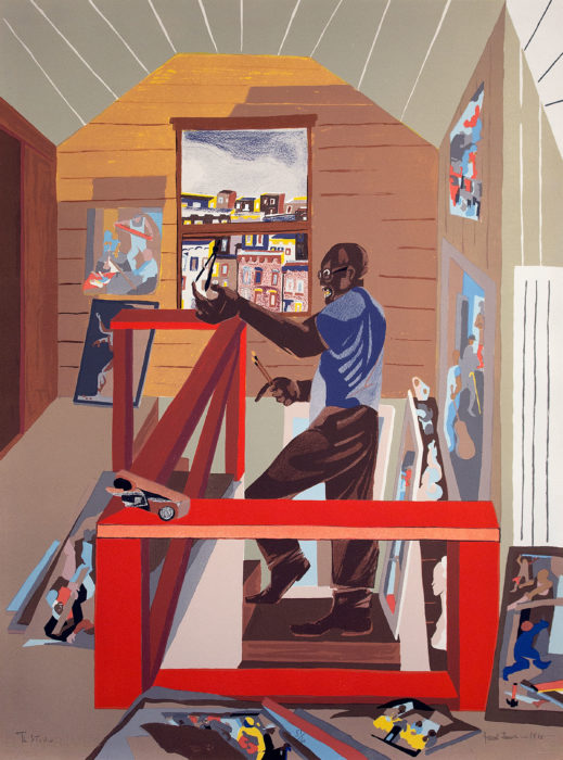 <p><strong>November 2018</strong> — Jacob Lawrence (American, 1917–2000). <em>The Studio</em>, 1996. Lithograph, edition 51 of 60. Gift of Henry S. Hacker, by exchange, 2018 (2018.05). © 2018 The Jacob and Gwendolyn Knight Lawrence Foundation, Seattle / Artists Rights Society (ARS), New York. Reproduction, including downloading of Jacob Lawrence works is prohibited by copyright laws and international conventions without the express written permission of Artists Rights Society (ARS), New York.</p>
