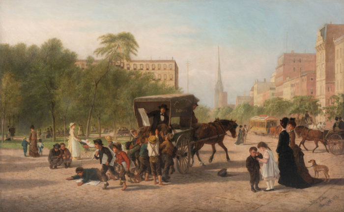 <p>William Hahn (German, 1829–1887). <em>Union Square, New York City</em>, 1878. Oil on canvas. Collection of the Hudson River Museum. Gift of Miss Mary Colgate, 1925 (25.947).</p>
