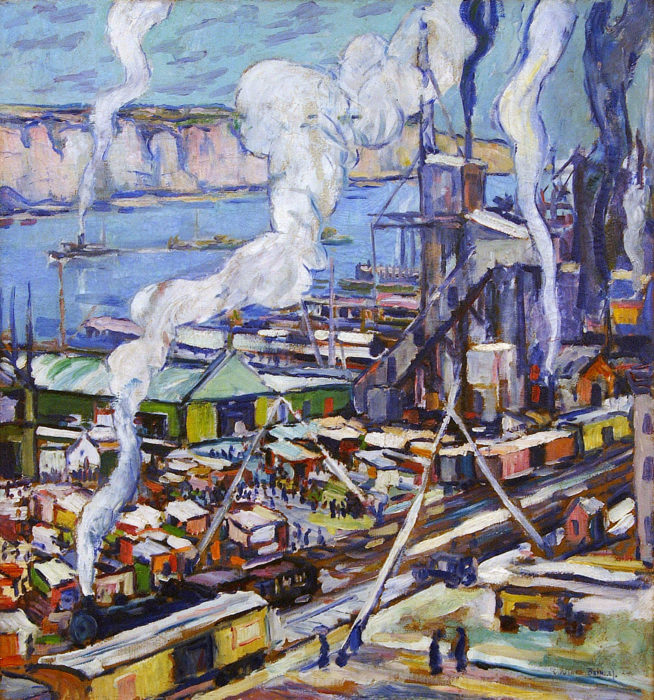 <p>Daniel Putnam Brinley (American, 1879–1963). <em>Hudson River View (Sugar Factory at Yonkers)</em>, ca. 1915. Oil on canvas. Museum Purchase, 1995 (95.3.1).</p>
