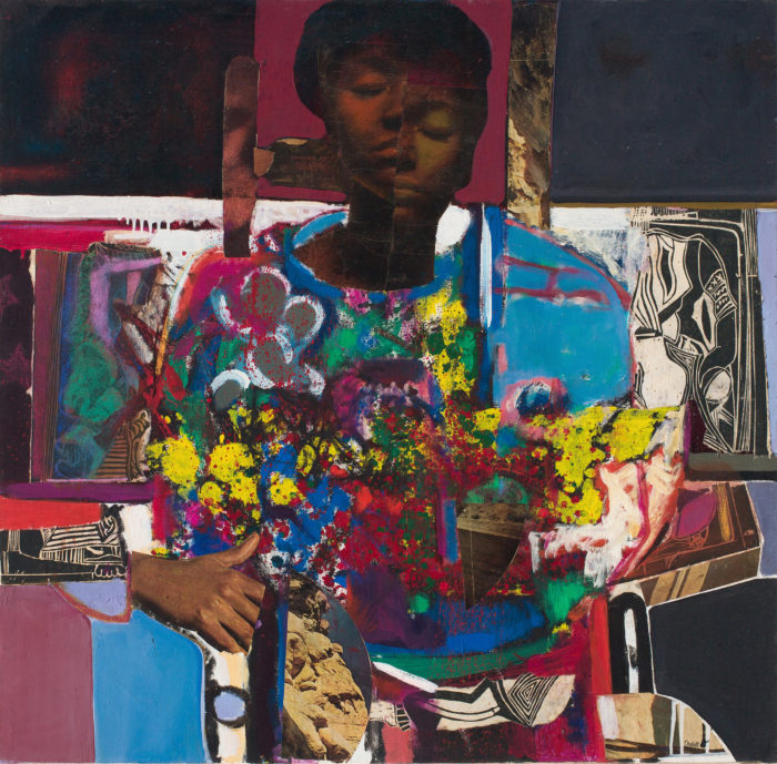 <p>David Clyde Driskell (American, b. 1931). <em>Woman with Flowers</em>, 1972. Oil and collage on canvas. On loan from Art Bridges. © David Clyde Driskell.</p>
