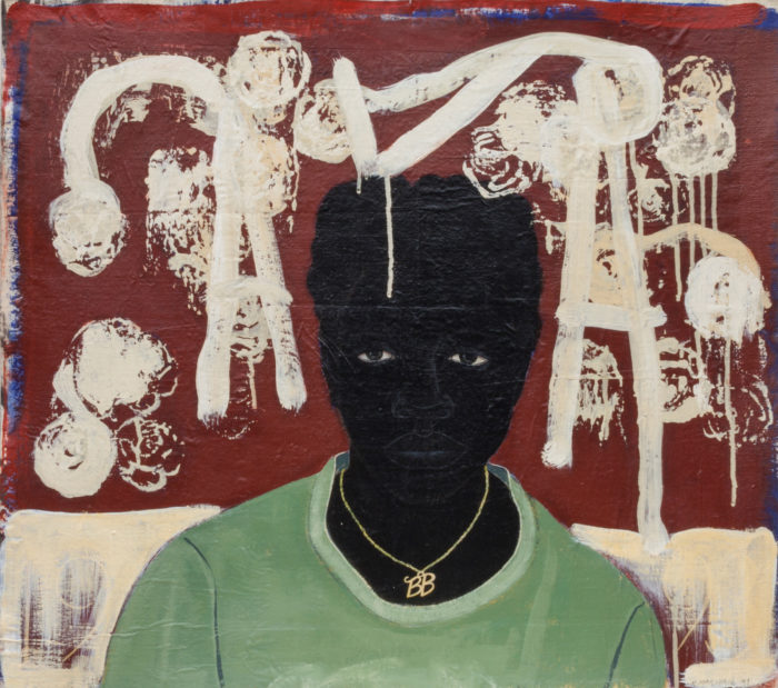 <p>Kerry James Marshall (American, b. 1955). <em>Lost Boys: AKA BB</em>, 1993. Acrylic and collage on canvas. On loan from Art Bridges. © Kerry James Marshall. Courtesy of the artist and Jack Shainman Gallery, New York.</p>

