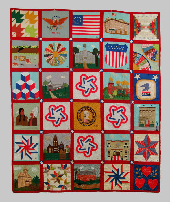 <p>Ellanora Kolb (American, 1904–2000), Anna McDonough (American, 1910–2000), and Pauline Ringler (American,1909–2006). <em>Bicentennial Quilt</em>, 1976. Cloth. 96 1/2 x 78 1/2 inches. Gift of The Woman’s Institute of Yonkers, 2005 (2005.02.03).</p>
