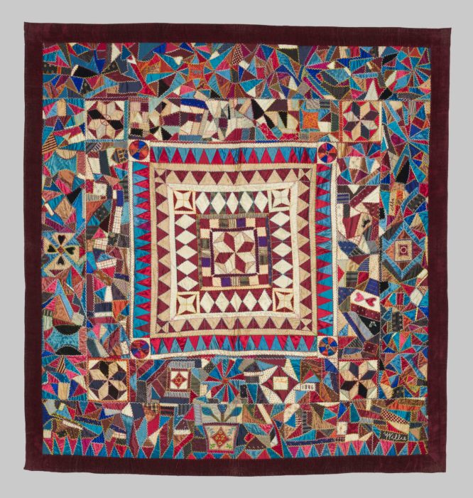 <p>Ernestine Turk (German, 1845–1921) and Pincus Turk (American, b. Germany, 1840–?). <em>Crazy Quilt</em>, 1886. Pieced, appliquéd, and embroidered silk, satin, and velvet. 73 x 71 1/2 inches. Gift of Marilyn Maloff, 1994 (94.10.1). Photo: Steve Paneccasio.</p>
