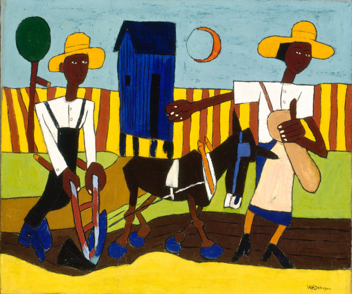 <p>William H. Johnson, <em>Sowing</em>, ca. 1940, oil on burlap. Smithsonian American Art Museum, gift of the Harmon Foundation.</p>
