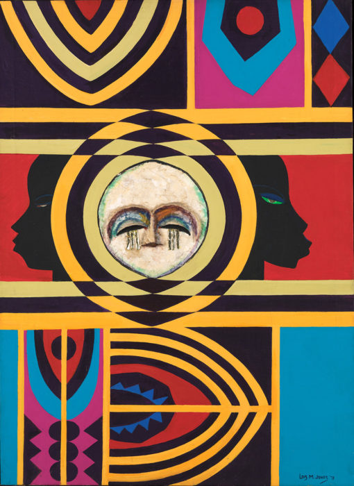 <p>Loïs Mailou Jones, <em>Moon Masque</em>, 1971, oil and collage on canvas. Smithsonian American Art Museum, bequest of the artist.</p>
