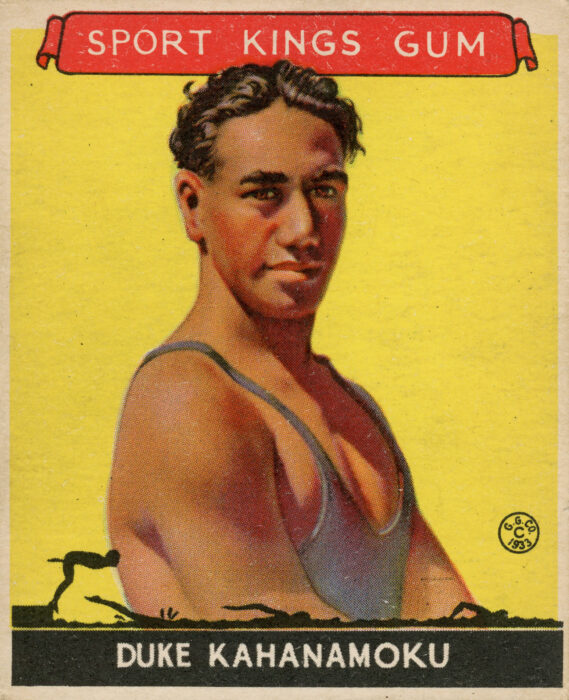 <p>The Goudey Gum Company. <em>Duke Kahanamoku</em>, from the <em>Sports Kings</em> series (No. 20), 1933–34. Commercial lithograph. Gift of Henry S. Hacker, 1998 (98.13.2.20).</p>
