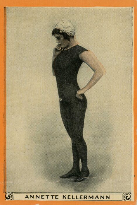 <p>Pan Handle Scrap Company. <em>Annette Kellermann, No. 33, Vitality and Muscle Building Exercises</em>, from the Champion Women Swimmers series (T221), 1913. Commercial two-color lithograph. Anonymous Loan, 2020 (L2020.05).</p>
