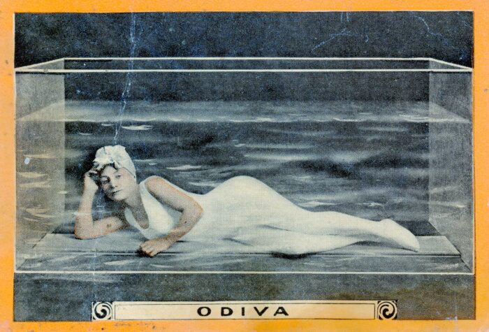 <p>Pan Handle Scrap Company. <em>Odiva, No. 25, Breathing and Swimming</em>, from the Champion Women Swimmers series (T221), 1913. Commercial two-color lithograph. Anonymous Loan, 2020 (L2020.04).</p>

