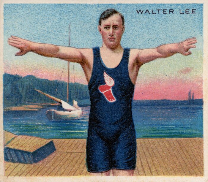 <p>Hassan Cigarettes. <em>Walter A. Lee, New York Athletic Club</em>, from the <em>Champion Athletes</em> series (T218), 1910. Commercial color lithograph. Anonymous Loan, 2020 (L2020.02).</p>
