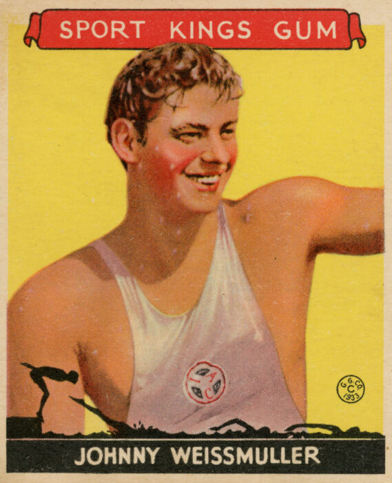 <p>The Goudey Gum Company. <em>Johnny Weissmuller</em>, from the <em>Sports Kings</em> series (No. 21), 1933–34. Commercial lithograph. Gift of Henry S. Hacker, 1998 (98.13.2.21).</p>
