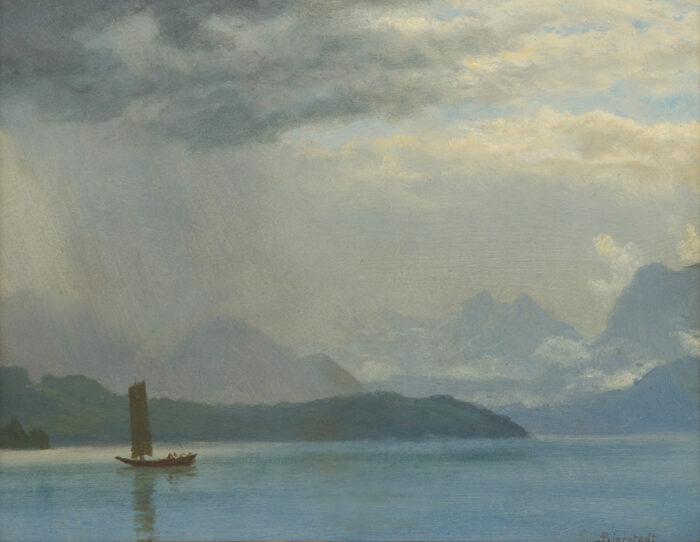 <p>Albert Bierstadt (American, born Germany, 1830–1902). <em>Untitled Seascape (Alaskan Coast)</em>, ca. 1889. Oil on paper mounted to masonite. Collection of the Hudson River Museum. Gift of Greg and Fay Wyatt, 2021 (2021.15.2).</p>
