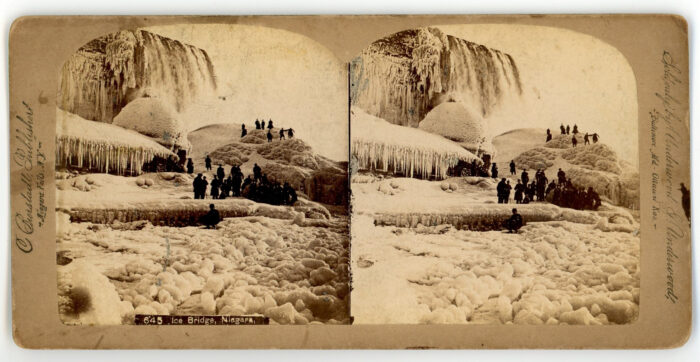 <p>Charles Bierstadt (American, born Germany, 1819–1903). <em>Ice Bridge, Niagara</em>, ca. 1887–1890. Stereograph with albumen photographs. Published by Underwood & Underwood. Collection of the Hudson River Museum. Gift of Dr. Edward Friedman, 1989 (89.1.921).</p>
