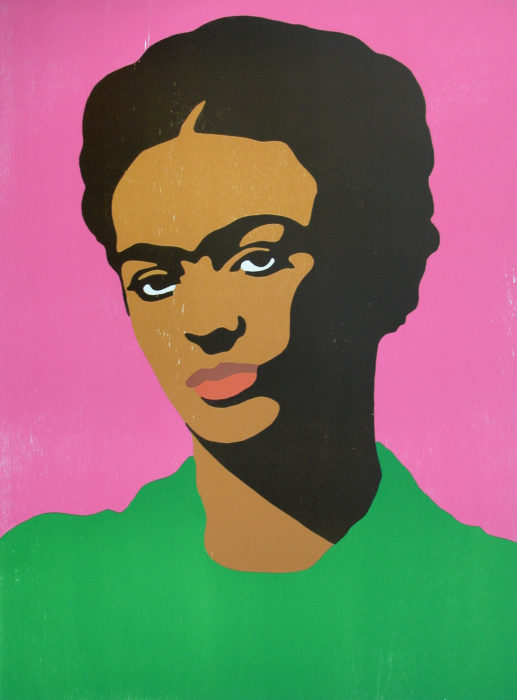 <p>Rupert Garcia, <em>Frida Kahlo</em>, 2002/1975, woodcut print, 43 x 33 inches. Courtesy of Magnolia Editions, Oakland, CA.</p>
