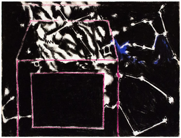 <p>Frances Hynes. <em>Constellation Series #10 (with Milky Way and House)</em>, 1986. Compressed charcoal and pastel on paper. Courtesy of the artist.</p>
