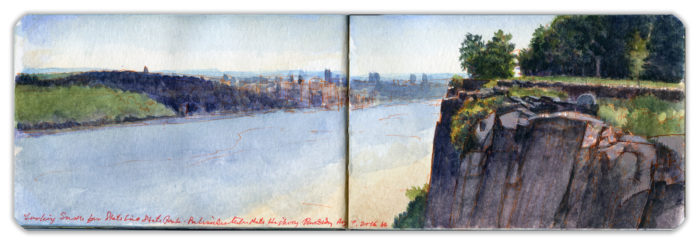 <p>James L. McElhinney. <em>Yonkers from State Line Park</em>, 2019. From <em>The Palisades</em>. Watercolor. Courtesy the artist.</p>
