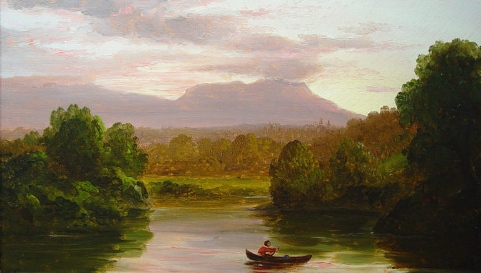 <p>Thomas Cole. <em>On Catskill Creek, Sunset</em>, ca. 1845–47. Oil on panel. New-York Historical Society, Collection of Arthur and Eileen Newman, Bequest of Eileen Newman, 2015.33.8.</p>
