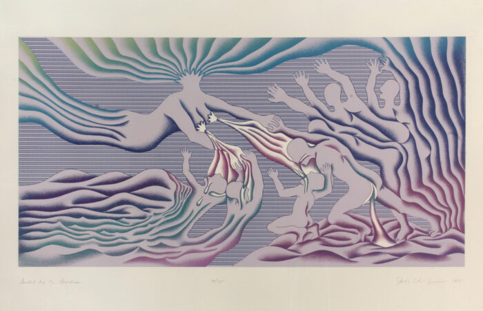 <p>Judy Chicago (American, b. 1939). <em>Guided by the Goddess</em>, 1985. Serigraph on gray Rives BFK. Gift of ACA Galleries, 2003 (2020.14). © Judy Chicago / Artists Rights Society (ARS), New York.</p>
