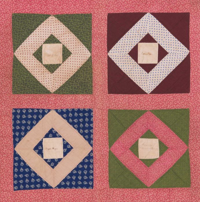 <p><em>Unknown maker. Hunterdon County Signature Quilt</em> (detail), ca. 1860–90. Cotton, ink. 91 1/2 x 79 inches. Gift of Dorothy & Leo Rabkin, 1991 (91.16.4). Photo: Steve Paneccasio.</p>
