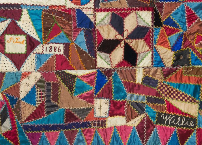 <p>Ernestine Turk (German, 1845–1921) and Pincus Turk (American, b. Germany, 1840–?). <em>Crazy Quilt</em> (detail), 1886. Pieced, appliquéd, and embroidered silk, satin, and velvet. 73 x 71 1/2 inches. Gift of Marilyn Maloff, 1994 (94.10.1). Photo: Steve Paneccasio.</p>
