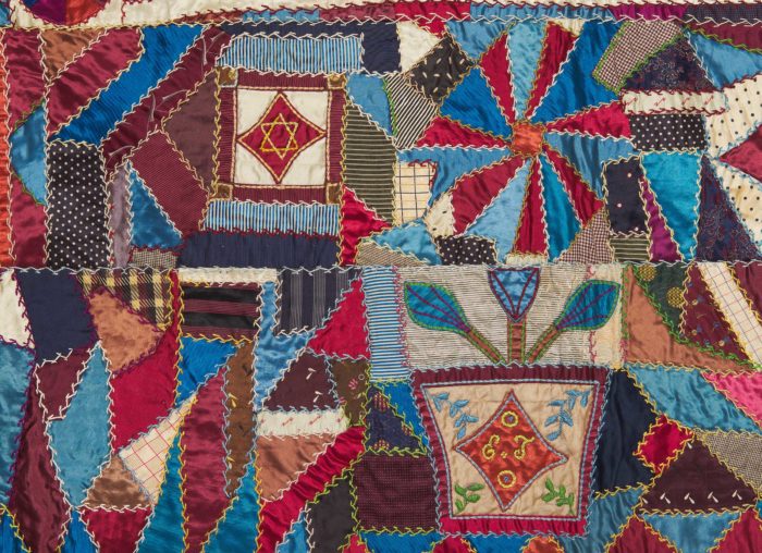 <p>Ernestine Turk (German, 1845–1921) and Pincus Turk (American, b. Germany, 1840–?).<em> Crazy Quilt</em> (detail), 1886. Pieced, appliquéd, and embroidered silk, satin, and velvet. 73 x 71 1/2 inches. Gift of Marilyn Maloff, 1994 (94.10.1). Photo: Steve Paneccasio.</p>
