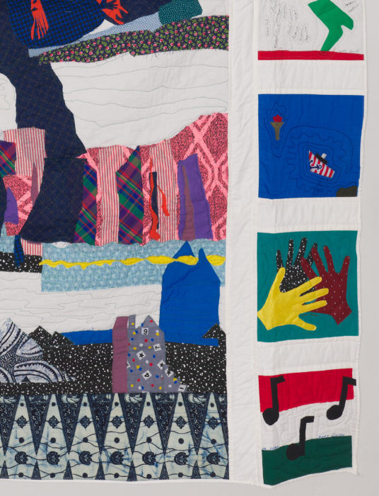 <p>HRM Education Staff, Docents, and Other Program Participants. <em>Westchester Unity Quilt</em> (detail), 1993–4. Pieced and appliquéd cloth. 87 x 67 1/4 inches. Collection of the Hudson River Museum, 1995 (T95.1.1). Photo: Steve Paneccasio.</p>
