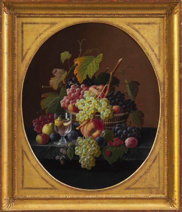 <p>Severin Roesen (American, b. Prussia, ca. 1815–ca. 1872). <em>Fruit with Water Glass</em>, ca. 1850–70. Oil on canvas. Gift of Shelley and Felice Bergman, 2021 (2021.14.2).</p>
