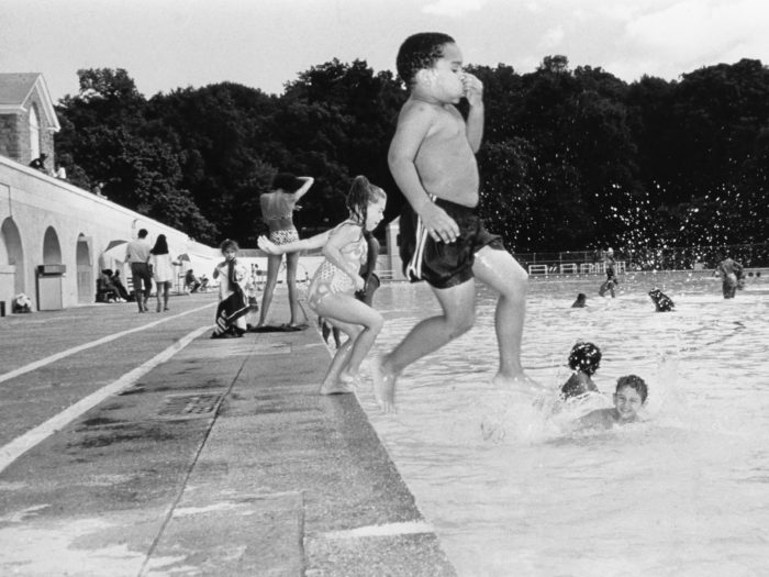 <p>Kathy Gardner. <em>Swimming Pool at Tibbetts Brook Park [Yonkers]</em>, 1991. Photograph. Collection of the Hudson River Museum. Digital gift of Westchester County Historical Society, 2018 (D2018.03.019).</p>

