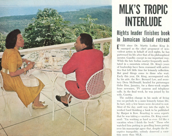 <p>Photographer unknown. Excerpt and photograph from “MLK’s Tropic Interlude,” <em>Ebony</em>, June 1967. Collection of the Hudson River Museum. Museum Purchase, 2019 (2019.0.302).</p>

