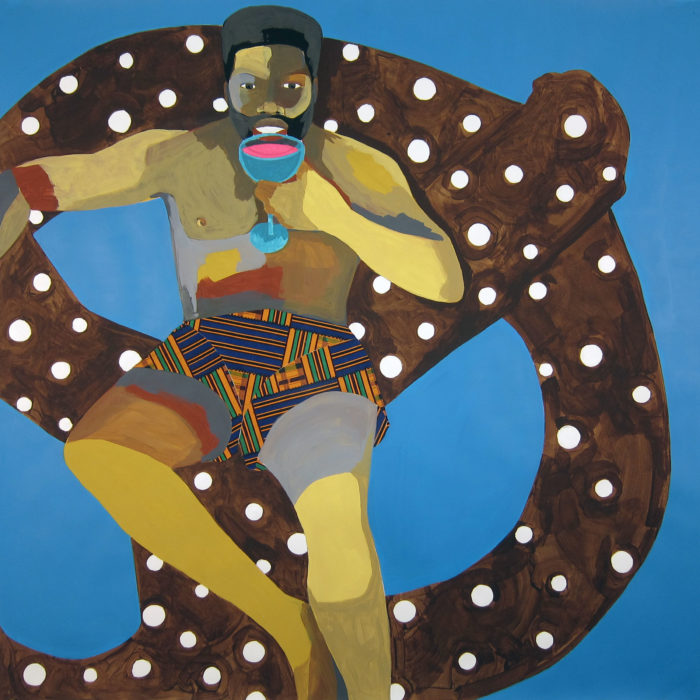 <p>Derrick Adams (American, born 1970). <em>Floater 24</em>, 2016. Acrylic paint and fabric collage on paper, 50 x 50 inches. Collection of Beth Rudin DeWoody ART 11464.</p>

