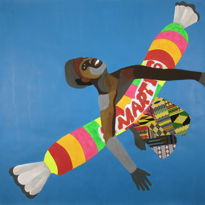 <p>Derrick Adams (American, born 1970). <em>Floater 25</em>, 2016. Acrylic paint and fabric collage on paper, 50 x 50 inches. Bendit Collection Courtesy of Pettit Art Partners.</p>
