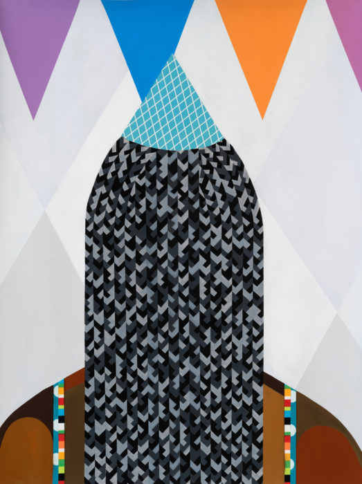 <p>Derrick Adams (American, born 1970). <em>We Came to Party and Plan 32</em>, 2019. Fabric on paper collage, acrylic paint, and pencil on paper, 24 x 18 inches. Courtesy of the artist and Luxembourg & Dayan, New York/London, and Salon 94, New York.</p>
