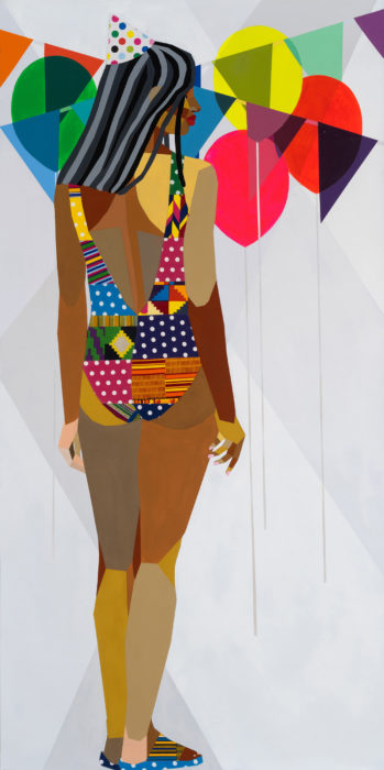 <p>Derrick Adams (American, born 1970). <em>We Came to Party and Plan 39</em>, 2019. Fabric on paper collage, acrylic paint, and pencil on paper, 72 x 36 inches. Courtesy of the artist and Luxembourg & Dayan, New York/London, and Salon 94, New York.</p>
