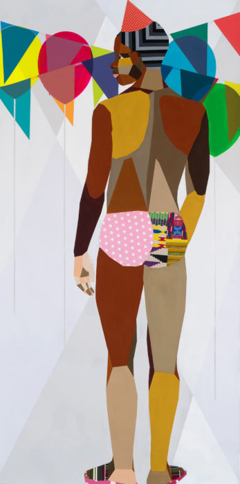 <p>Derrick Adams (American, born 1970). <em>We Came to Party and Plan 40</em>, 2019. Fabric on paper collage, acrylic paint, and pencil on paper, 72 x 36 inches. Courtesy of the artist and Luxembourg & Dayan, New York/London, and Salon 94, New York.</p>
