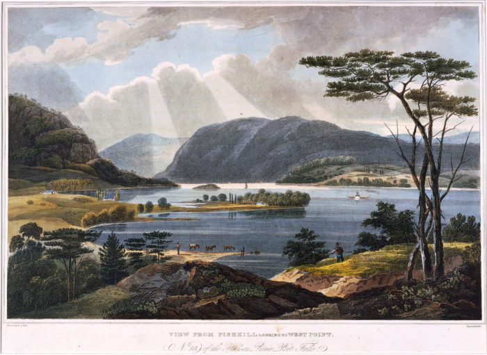 <p>John Rubens Smith and John Hill, after William Guy Wall (American, b. Ireland, 1792–1864).<br />
<em>View from Fishkill Looking to West Point</em>, 1825. From <em>The Hudson River Portfolio</em>. Collection of the Hudson River Museum, 1966 (66.27.14a,b).</p>
