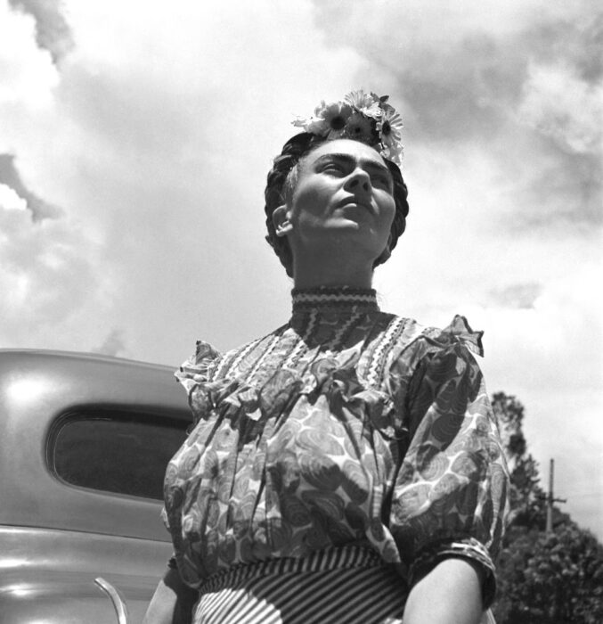 <p>Leo Matiz (Colombian, 1917–1998). <em>Frida Kahlo Looking at the Sky, Coyoacán, Mexico City</em>, 1946. Black and white photograph. Collection of Jan Adelson.</p>
