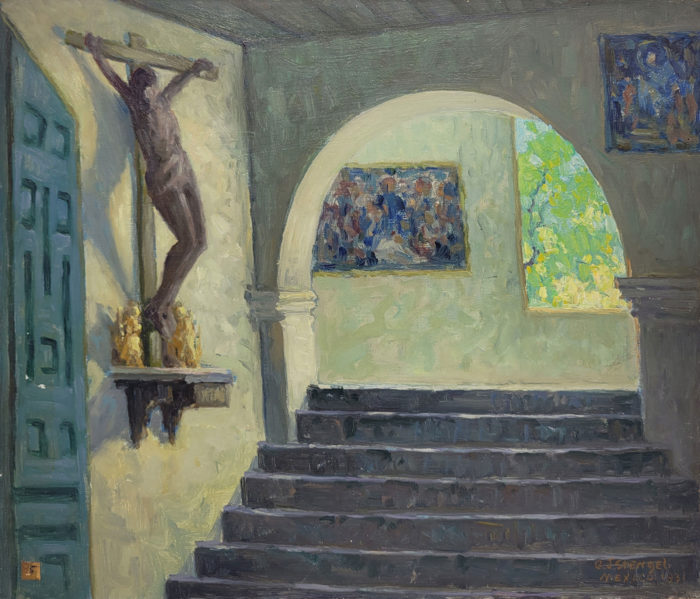 <p>George J. Stengel (American, 1866–1937). <em>The Crucifix, Monastery Churubusco, Mexico</em>, 1931. Oil on wood. Collection of the Hudson River Museum. Gift of Mrs. Grace Varian Stengel, 1944 (44.170.21). </p>
