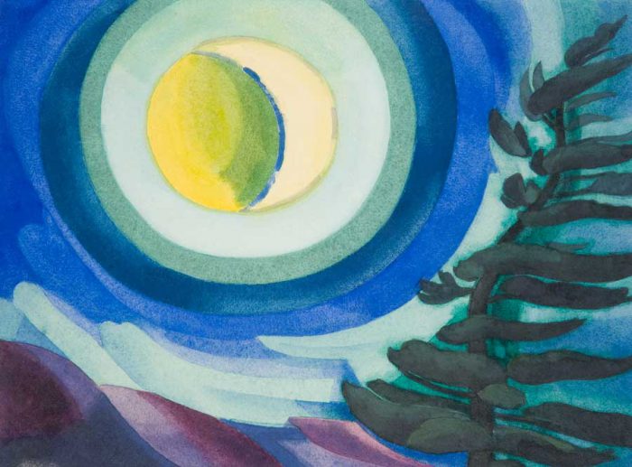 <p>Oscar Florianus Bluemner (American, b. Germany, 1867–1938). <i>Moon Radiance</i>, 1927. Watercolor with gum coating on hot pressed off-white wove paper laid down by the artist to thick wood panel. Karen & Kevin Kennedy Collection. Photograph by Joshua Nefsky.</p>
