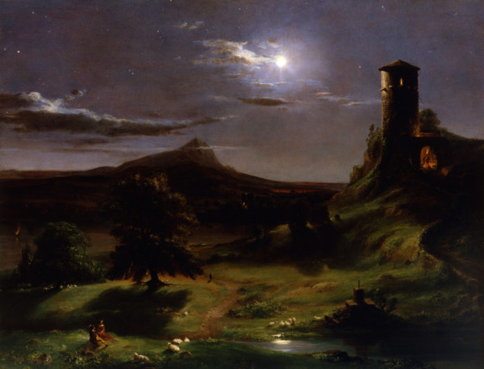 <p>Thomas Cole (American, born in England, 1801–1848). <em>Landscape (Moonlight)</em>, ca. 1833–34. Oil on canvas. The New-York Historical Society, New York, New York. Gift of The New-York Gallery of the Fine Arts, 1858 (1858.31).</p>
