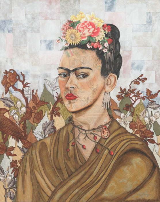 <p>Karen Provost, <em>Mi Frida</em>, 2017, collage de medios varios en panel de madera, 30 x 24″.</p>
