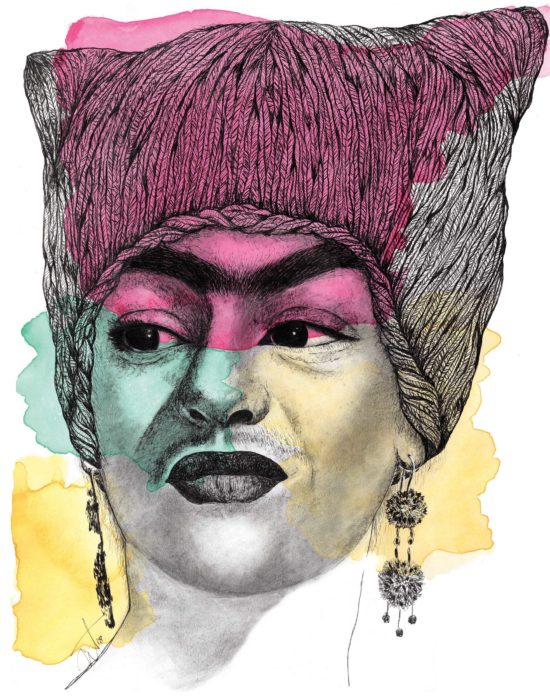 <p>Netsanet Tesfay, <em>Resiste: Frida usando un sombrero con orejas de gato</em>, 2018, acuarela y tinta, 22 x 18″.</p>
