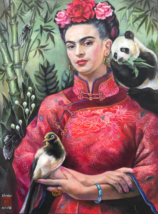 <p>Lin Wei (San Francisco, CA). <em>Recibiendo a Frida en mi imaginación</em>, 2018. Pintura de aceite, 25 x 19 pulgadas.</p>
