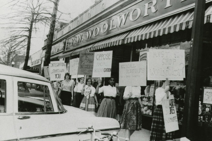 <p>Sarah Lawrence Students Picketing Woolworth’s, 1960. Digital gift of the Westchester County Historical Society, 2018.</p>
