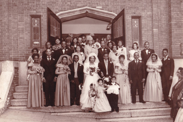 <p>Florence Harriet Jenkins and Herbert Williams with Their Wedding Party and Family at Institutional A.M.E. Zion, 1947. Digital gift of Florence Samuels, 2019.</p>
