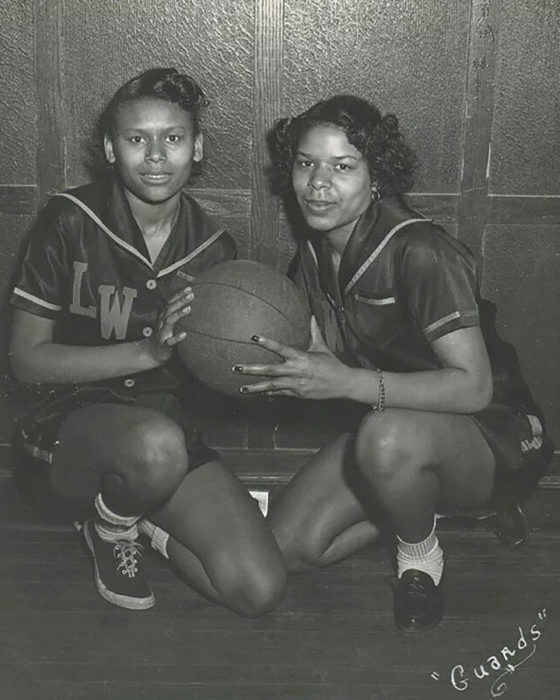 <p>Rae and Valerie Watson, Guards on the Leake & Watts Girls Basketball Team, ca. 1951. Digital gift of Luther Garrison, III, 2019.</p>
