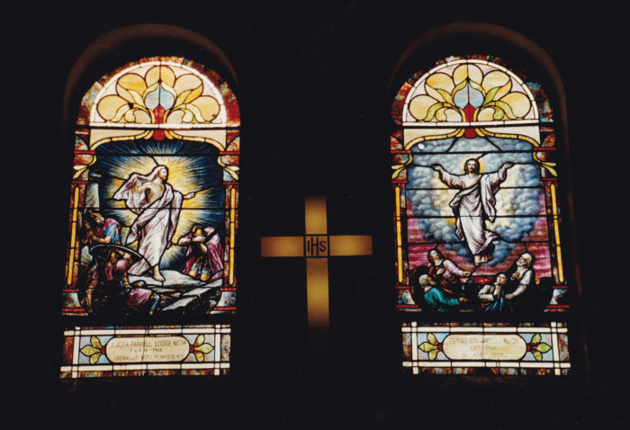 <p>James H. Farrell Lodge and Terrace City Chapter Order of Eastern Star Stained Glass Windows at Institutional A.M.E. Zion Church, ca. 1993. Color photograph by Reverend DeForest Raphael. Digital gift of Reverend DeForest Raphael and Institutional A.M.E. Church, 2019.</p>
