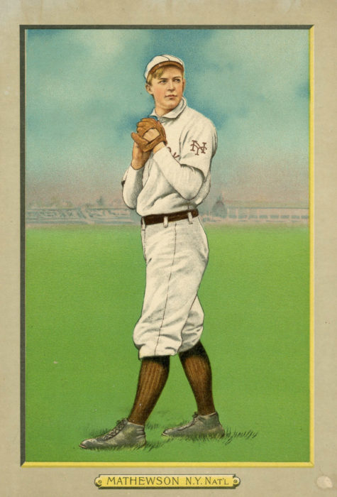 <p><em>Christy Mathewson, Giants</em>, ca. 1911. Chromolithograph with hand-coloring. Turkey Red Premium, No. 27. Gift of Henry S. Hacker, 1998 (98.13.3.27).</p>

