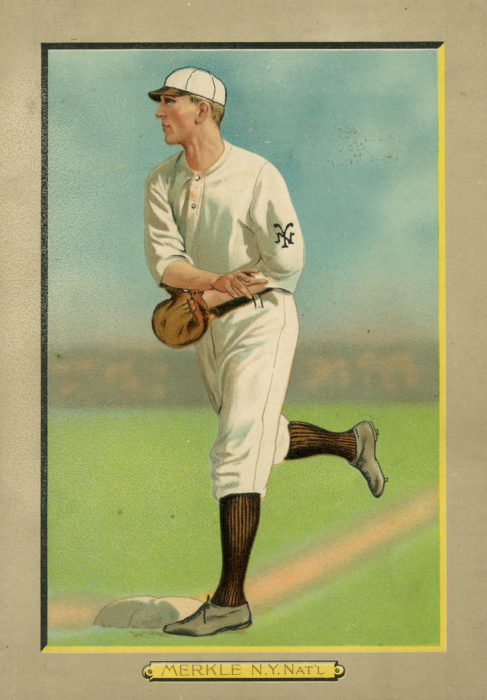 <p><em>Fred Merkle, Giants</em>, ca. 1911. Chromolithograph with hand-coloring. Turkey Red Premium, No. 108. Gift of Henry S. Hacker, 1998 (98.13.3.76).</p>
