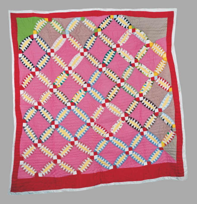 <p>Alean Pearson (American, b. 1918). Oxford, Mississippi. <em>Rattlesnake Quilt</em>, 1985. Cotton and synthetics, 85 ½ x 80 ½ inches. American Folk Art Museum, New York. Museum purchase made possible in part by a grant from the National Endowment for the Arts, with matching funds from The Great American Quilt Festival 3, 1991.13.7. Photographer unidentified.</p>
